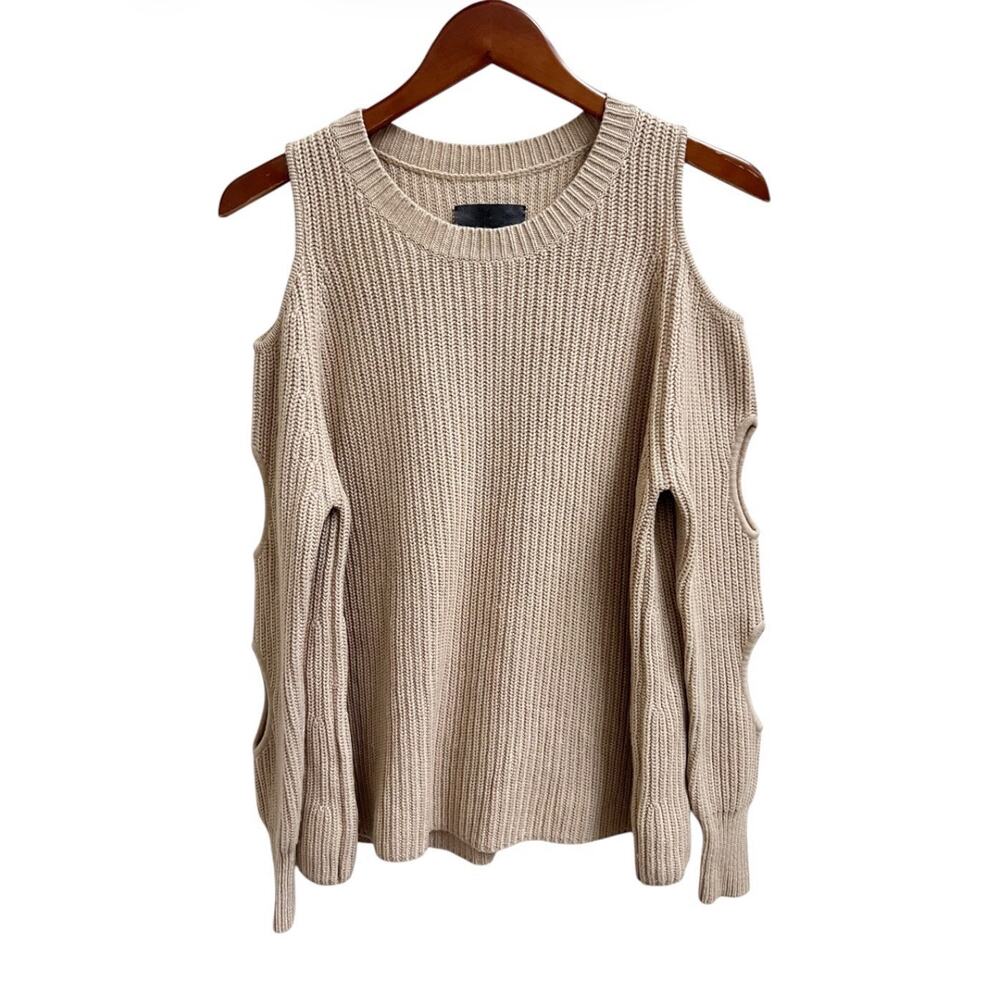 Zoe Jordan Galileo Jewel Neck Cold Shoulder Wool Sweater Cutouts Beige S M ?